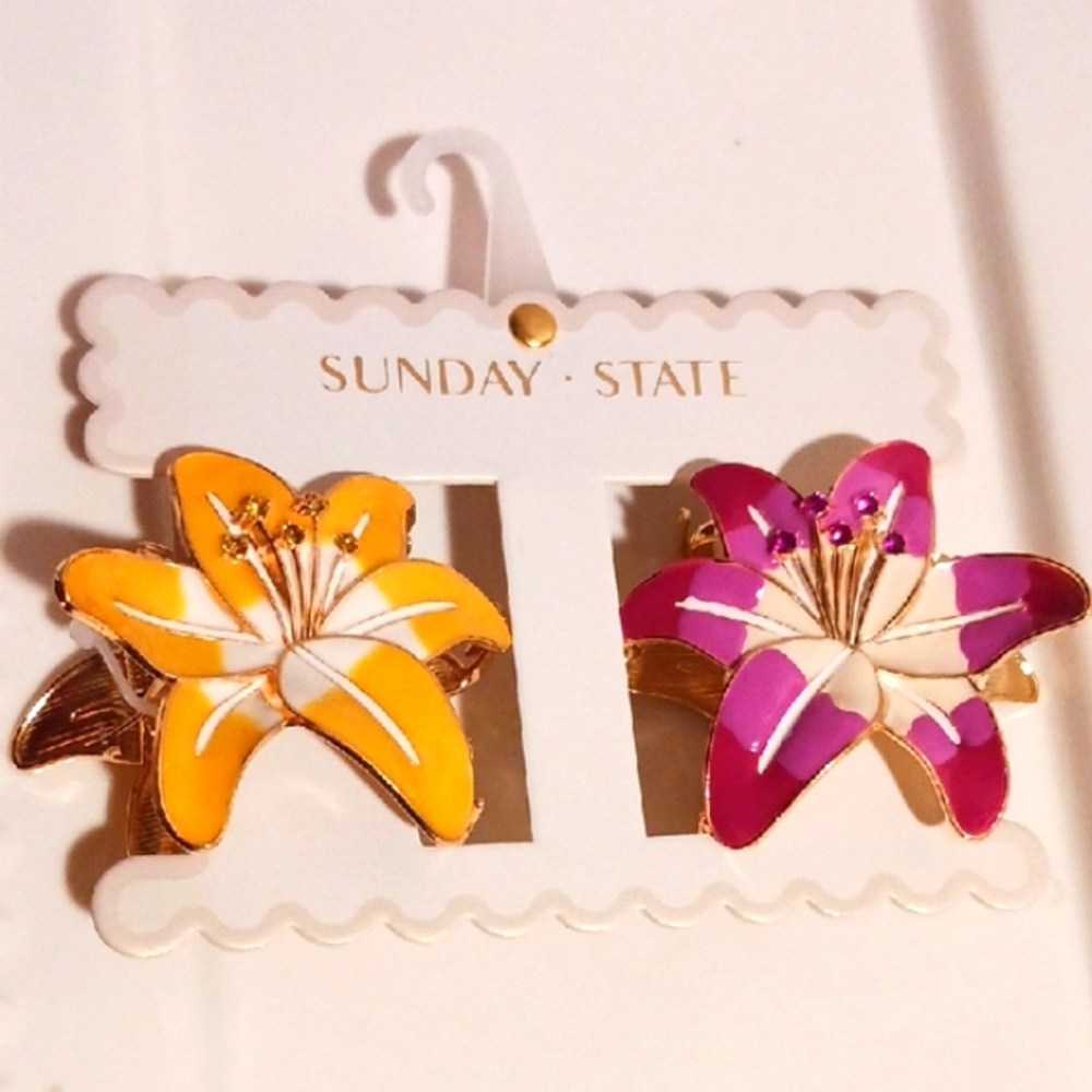 Gorgeous! 2 Floral Hair Clips - Yellow & Magenta 🌺🌼 Goldtone & Colored Stones